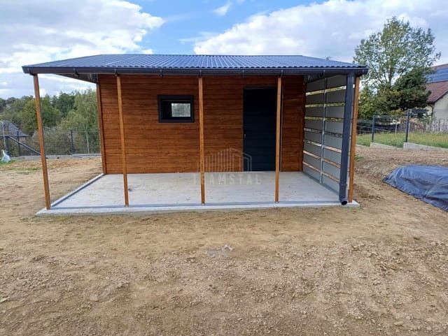 Garaż blaszany 5x6m + wiata 4m Brama uchylna drzwi 3x okno rynny TS845
