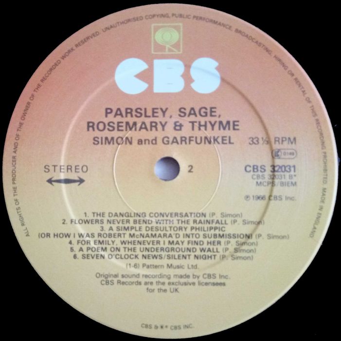 Simon & Garfunkel	- - - - -	Parsley, Sage, Rosemary And Thyme	- - -	LP