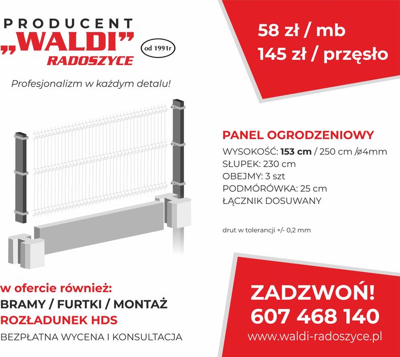 Ogrodzenie Panelowe FI 4 H-153 + 25cm podmurówka -cały zestaw  "WALDI"