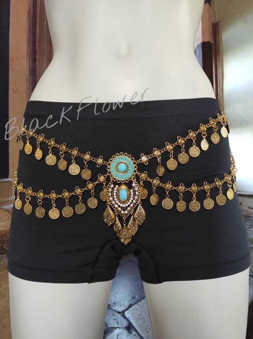 metalowy ozdobny pasek łańcuszek monetki boho hippie belly dande
