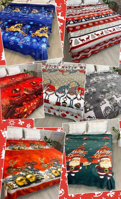 Новорічні пледи в асортименті, мікрофібра, чотири  розміри