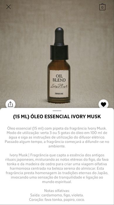 (15 ML) Óleo Essencial IVORY MUSK Zara Home NOVO
