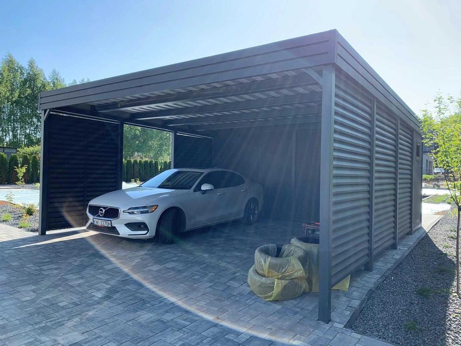 Wiata na 2 Auta + Pomieszczenie PIR | ŻALUZJA PREMIUM | Stal 100x100