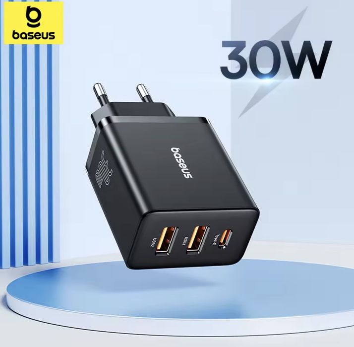 Baseus Compact Quick Charger 2U+C - Ładowarka sieciowa 30W czarna + kabel