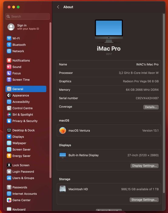 Imac pro (2017) 3,2 GHz 8 - Core Intel Xeon W 1 TB