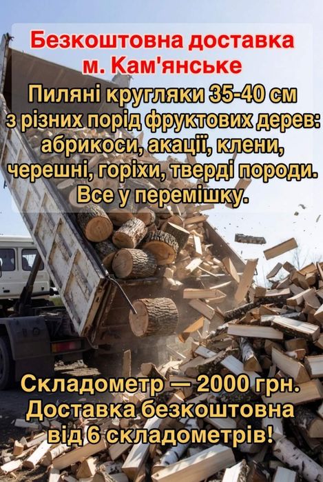Дрова твердих порід та фруктові розпиляні по 35-40 см . Ціна 2300 тис. Грн. Складометр. Безкоштовно доставляємо від 7 складометрів  самосвал ЗІЛ Камаз