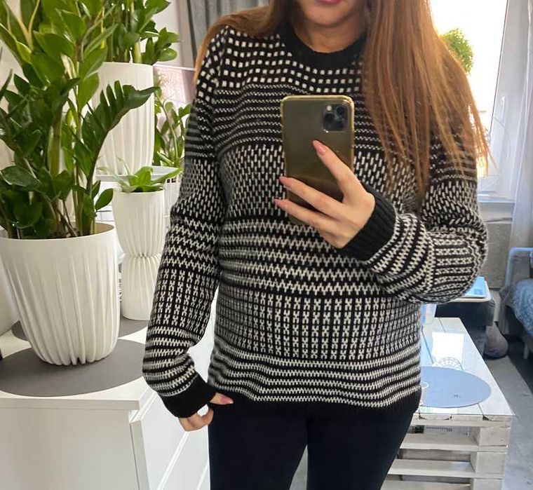 Czarno biały sweter we wzory H&M Divided  M-XL Wełna