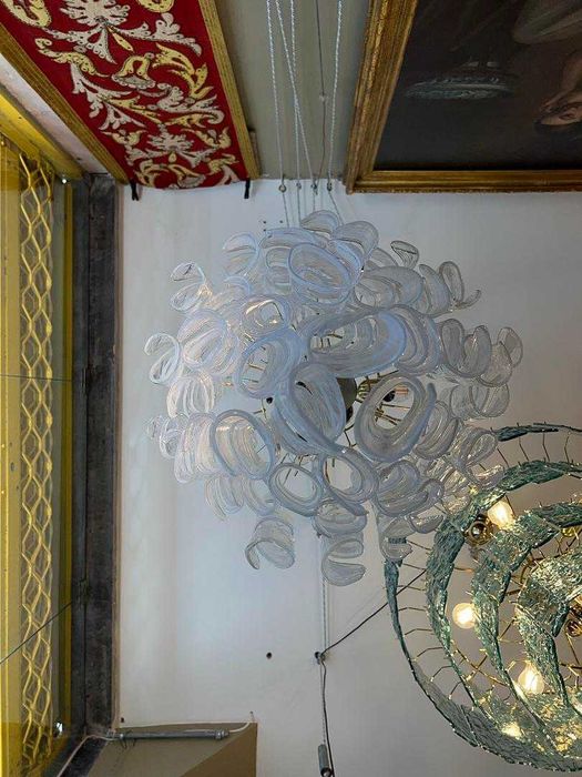 Lustre Espiral Murano 6 Lumes Vidro Torcido e Metal Dourado - Itália