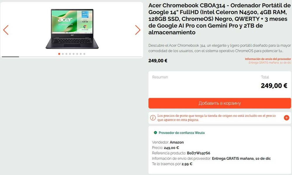 Acer Chromebook CBOA314 - 14" FullHD Intel N4500, 4GB RAM, 128GB SSD