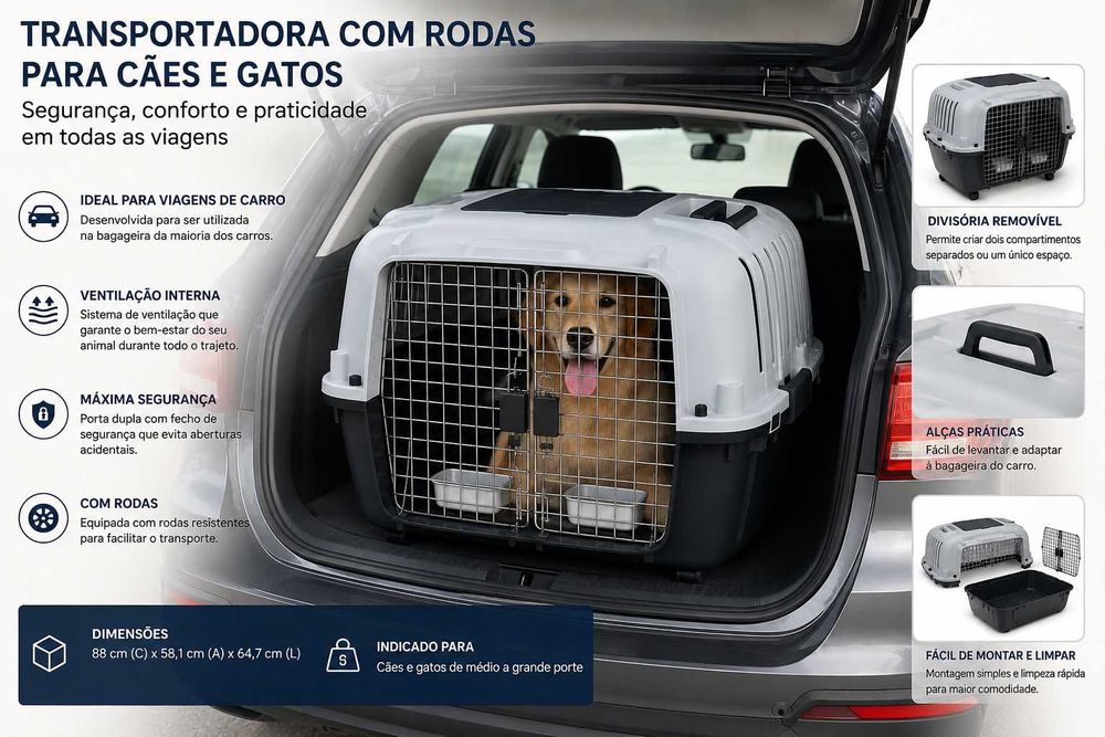 NOVO - Transportadora para Carro com Rodas e Divisória 88 cm para Cães e Gatos