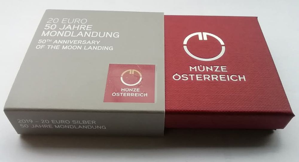 Австрія 20 євро 2019р. СРІБЛО. ПРУФ. Висадка на Місяць. Сертифікат
