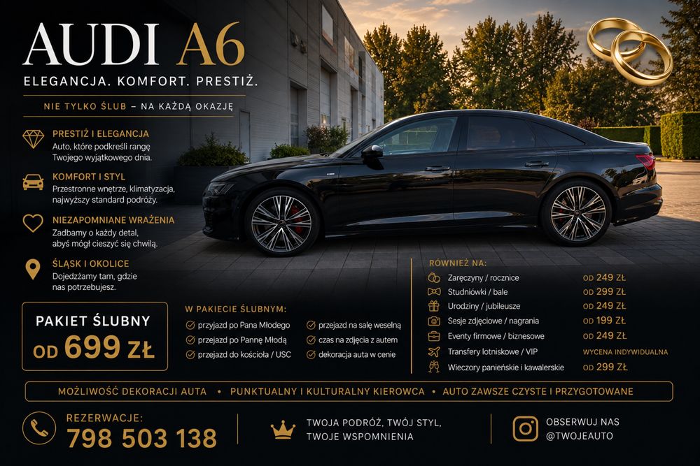Audi A6 S line z kierowcą – ŚLUB • WESELE • VIP • IMPREZY | Śląsk