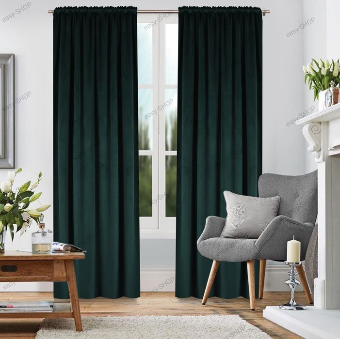 Komplet 2 zasłony welurowe zielony butelkowy