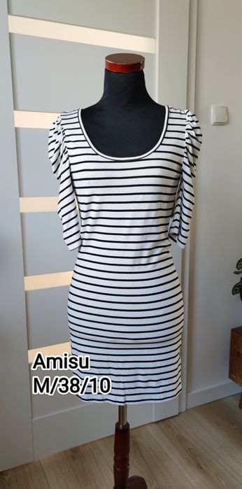 Sukienka biała w czarne paski Amisu rozmiar M/38/10 bufiaste rękawy
