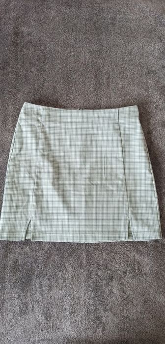 Zielona miętowa spódniczka mini wzór w pepitkę kratkę z rozcięciami