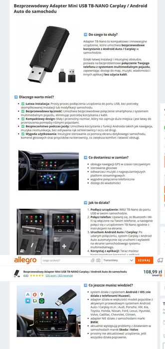 Bezprzewodowy Adapter Mini USB Android Auto do samochodu