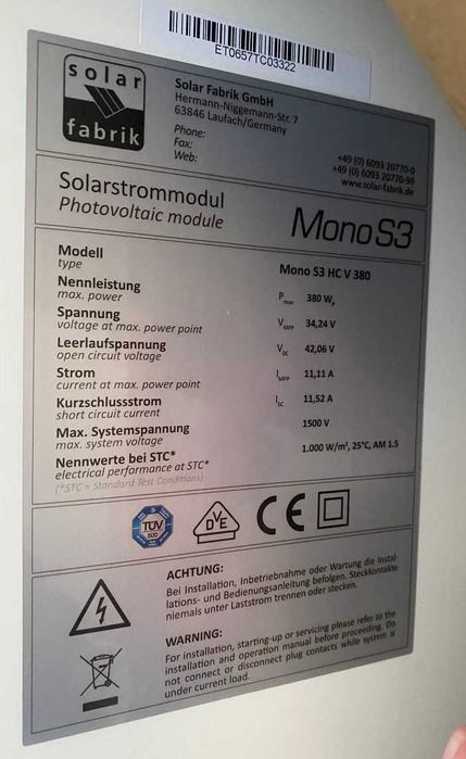 Сонячні панелі /Солнечные панели,Solar Fabrik, 380 Вт Hімеччина
