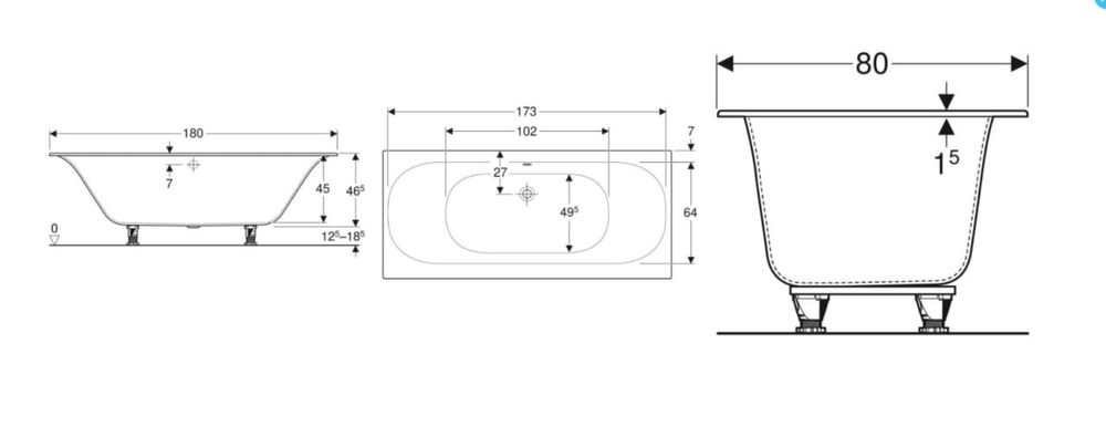 Ванна Geberit Soana Slim rim Duo 180x80 см з ніжками