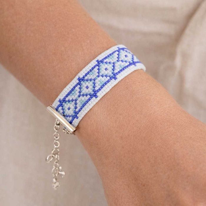 Bransoletka tkana na krośnie – rękodzieło | niebiesko-biały wzór