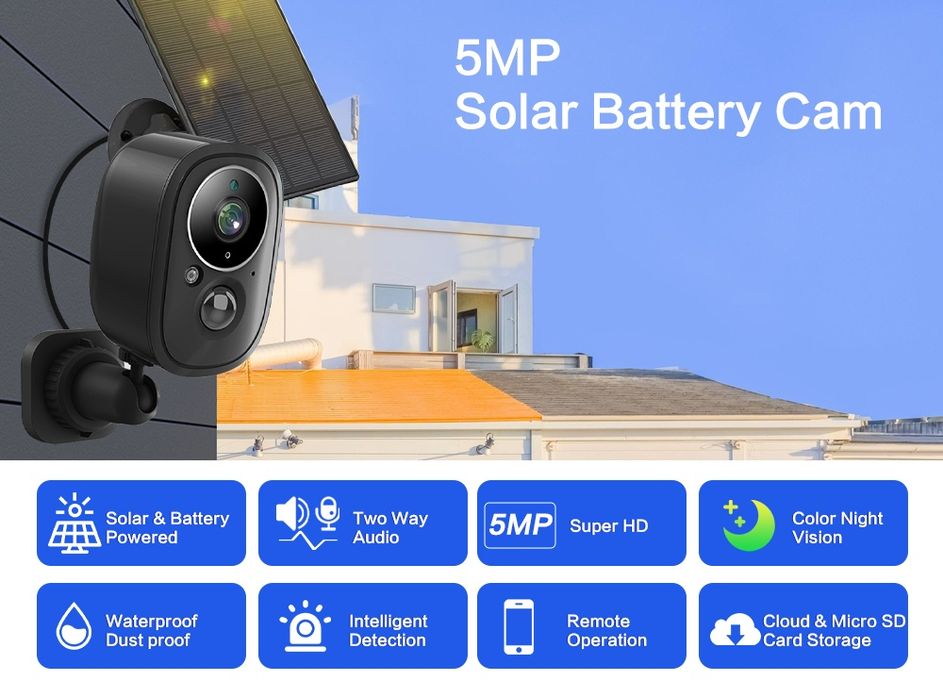 Câmera de Vigilância, 5MP, bateria imbutida, painel Solar, IP