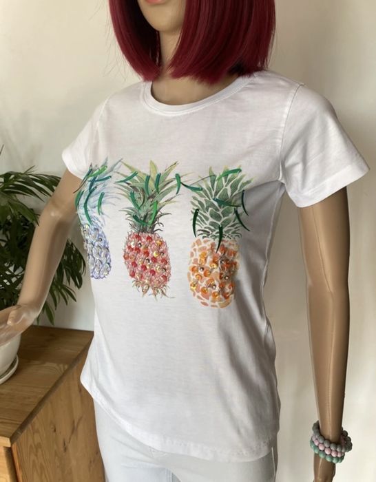 T-shirt biały z nadrukiem ananasów, 100% bawełna, rozmiar S