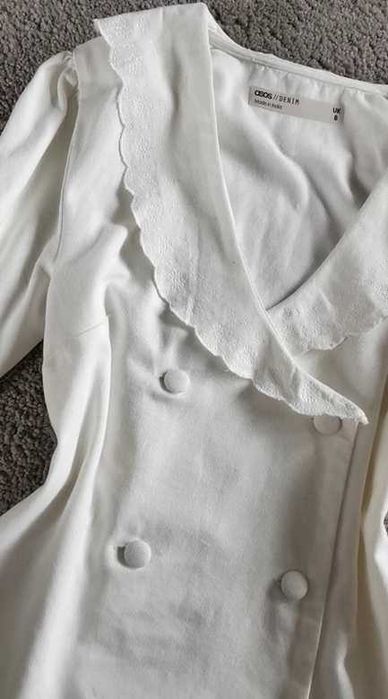 Asos Biała Sukienka Marynarka Dwurzędowa Haft Jeans Bawełna Boho S