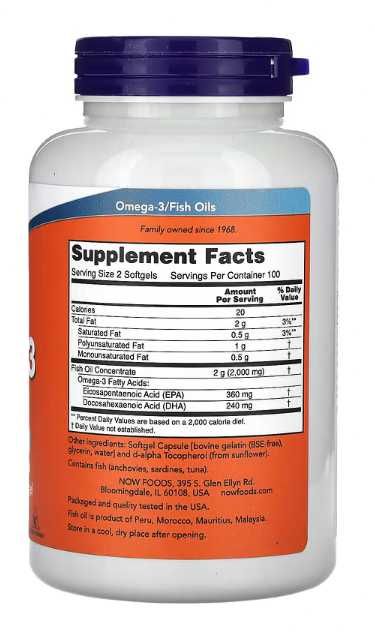 Suplemento Óleo de peixe Omega 3 Fish Oil Now Foods EPA DHA 200 Softgels
