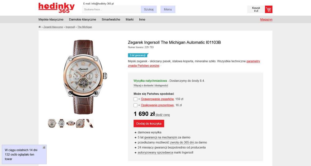 Zegarek Ingersoll The Michigan Automatic I01103B, stan idealny