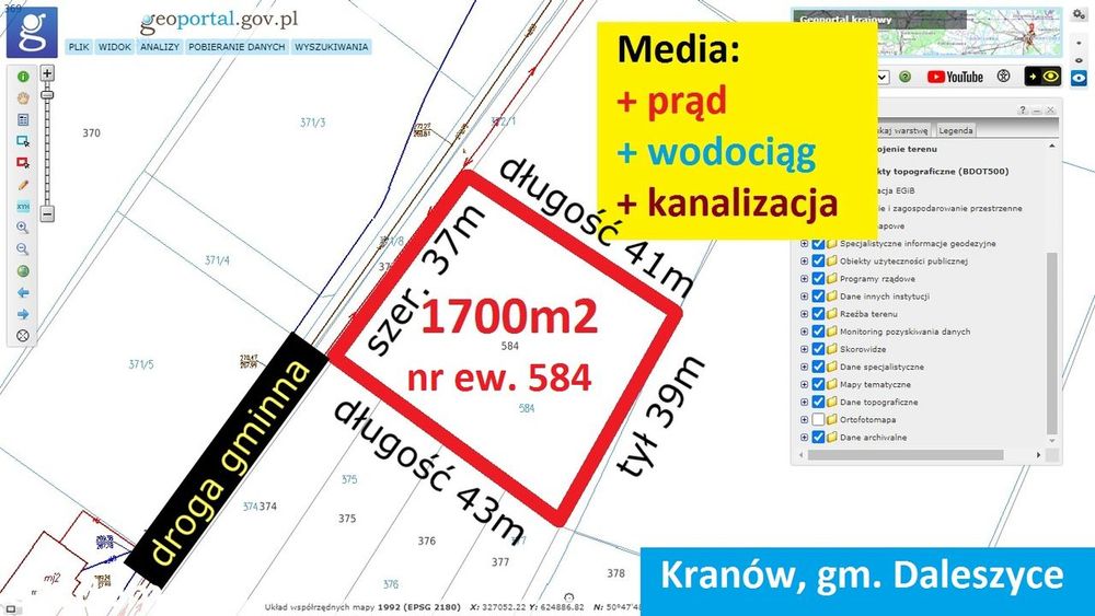 Kranów 1700m2 budowlana z MPZP szer. 37m ! ! !