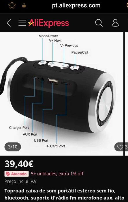 Coluna/Radio portátil TopRoad