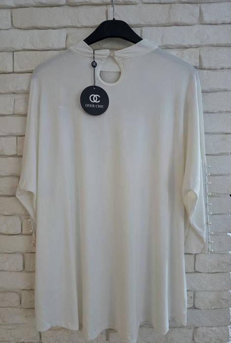 Overchic unikatowa tunika perełki tiul kwiatki 3d plus size 52 54