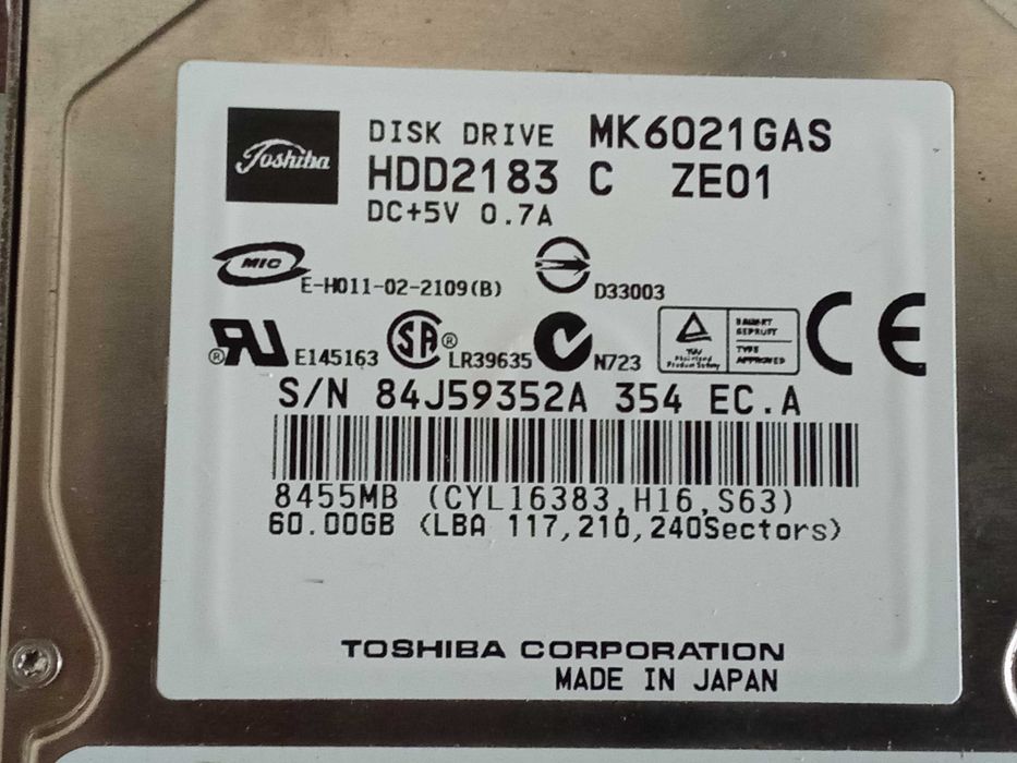 Vendo Disco Rígido 60GB IDE 2.5 Toshiba MK6021GAS