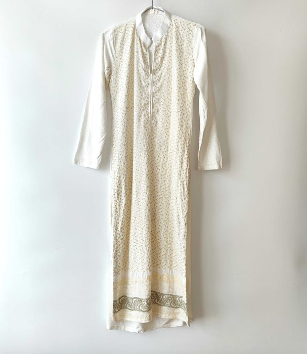 Długa tunika indyjska S 36 biała bawełna boho hippie etno kameez haft