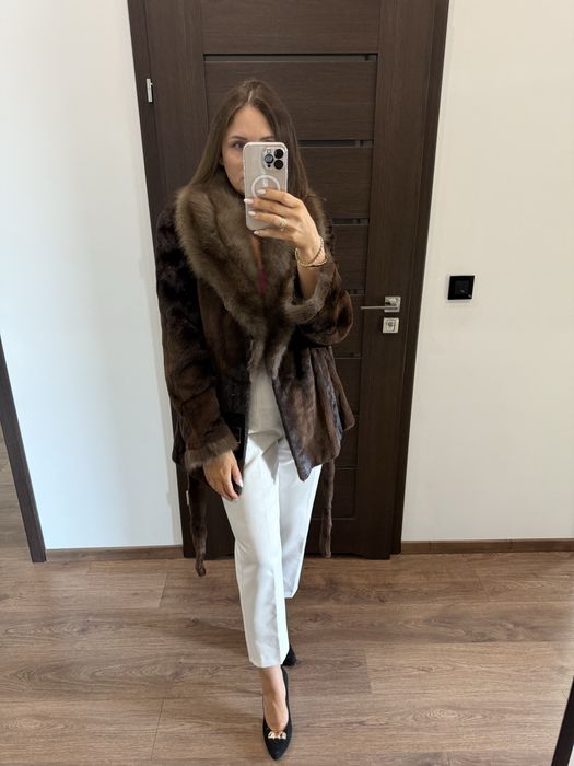 Futro naturalne z norek obszycie sobolami, rozmiar L