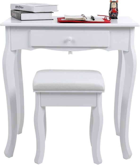 Toaletka kosmetyczna z lustrem i taboretem – biała, 3 szuflady