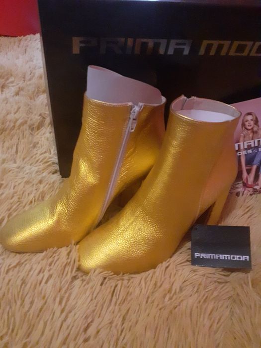 Złote botki na słupku Prima Moda skóra naturalna r. 38