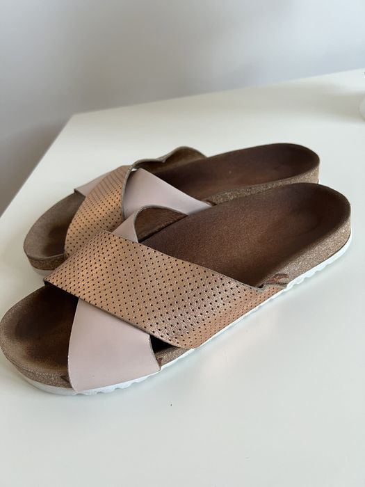 Klapki Wojas 38 złote różowe skórzane beżowe