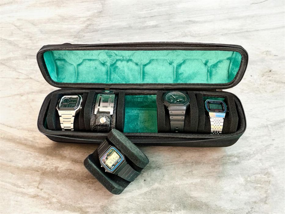 Premium etui organizer na 5 zegarków czarno-zielone pudełko case