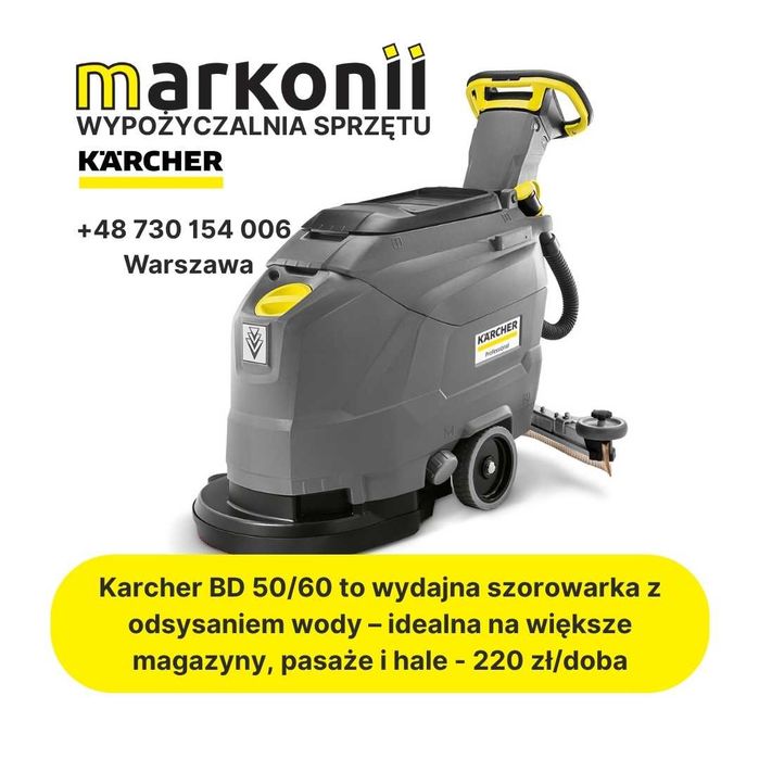 Wynajem Karcher Szorowarka BD 43/35 BD 50/60 ze sciąganiem wody, sieciowa kabel Wypożyczalnia