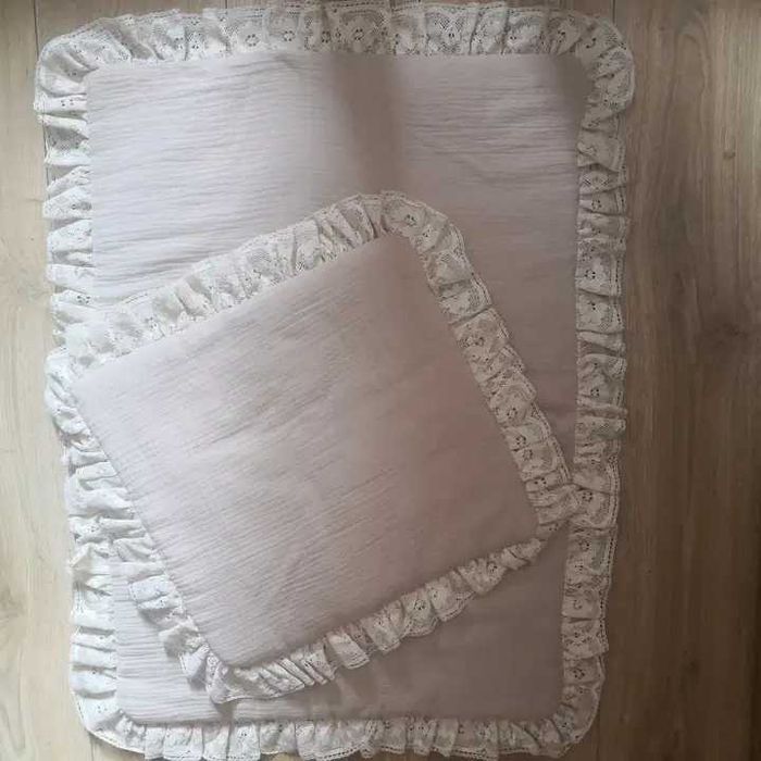 NOWE - Muślinowy kocyk niemowlęcy 50×75cm boho beż NOWY + PUDUSIA 0-6 miesięcy z koronkową falbanką bawełniany bawełna kołderka niemowlę, poduszka