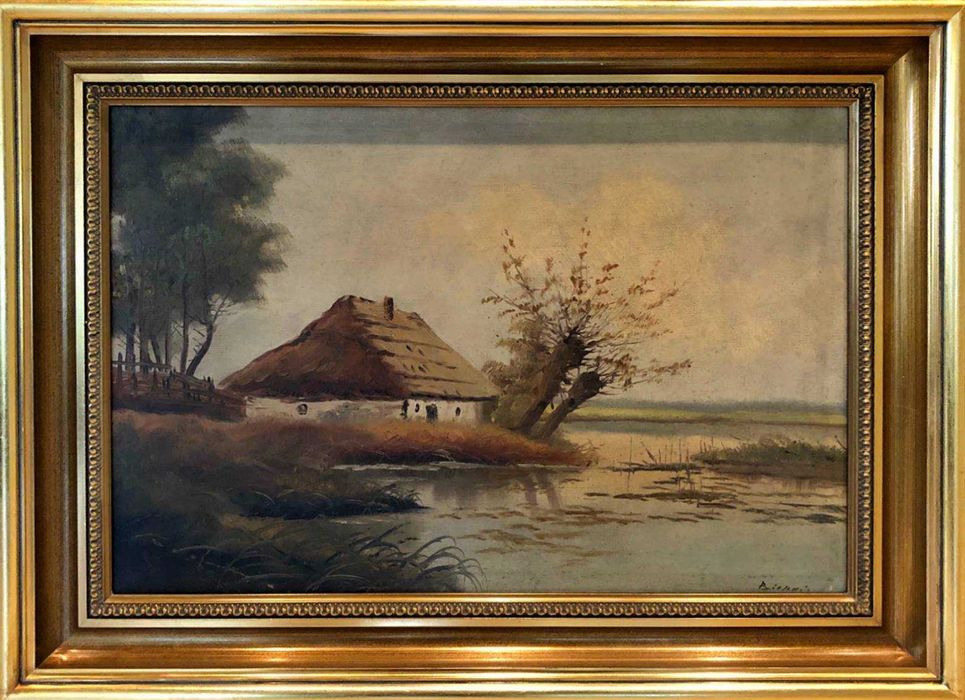 Stary duży obraz olejny: Bielski - Wiejska chata nad wodą, XIX/XX wiek
