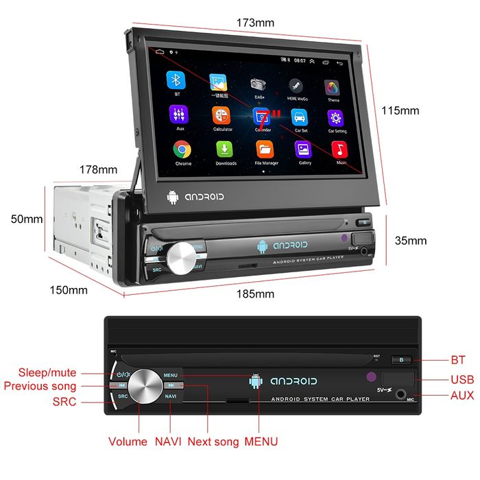 Rádio Android 1din Retrátil 8-core GPS Wi-Fi 4G Qled DSP CARPLAY 4/64G