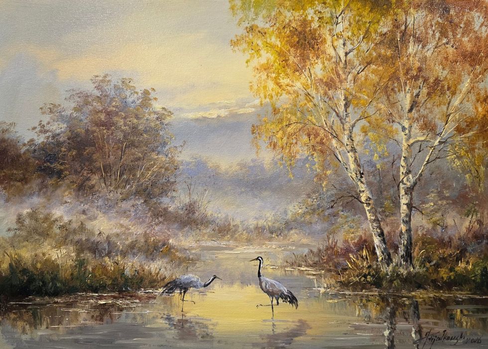 Obraz Olejny Żurawie nad wodą - Jacek Fijałkowski