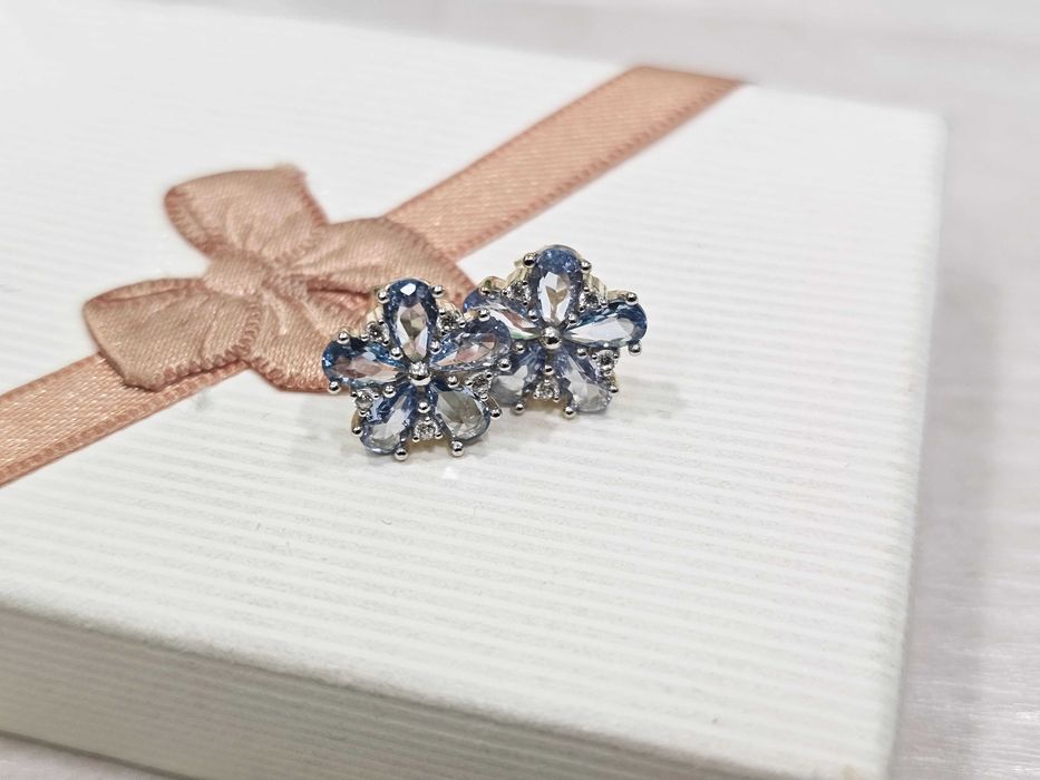 Kolczyki złote kwiatuszki z błękitnych oczek PR 585