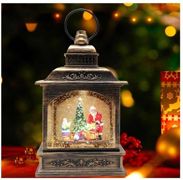Latarnia świąteczna śnieżna podświetlana z muzyką, wzór Mikołaj
