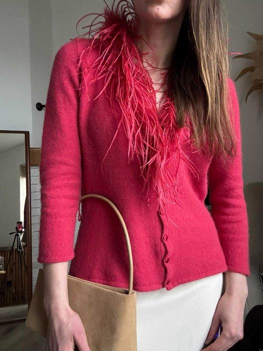 Акцентний кардиган з розкішним складом вовна ангора натурал. пір'я М-Л