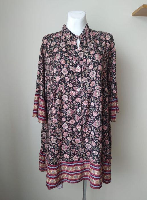 Czarna różowa tunika bluzka w kwiaty boho luźny krój