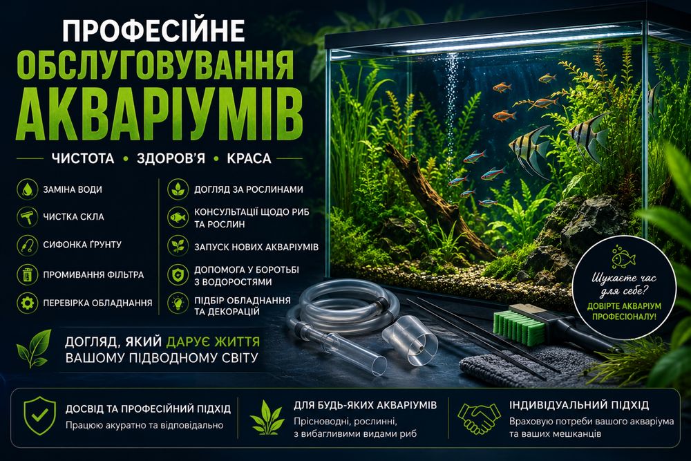Обслуговування акваріумів,ремонт,виготовлення.
