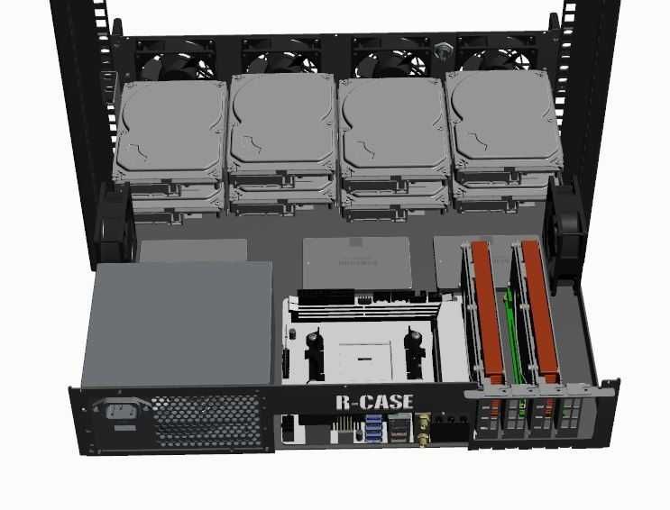 Obudowa RACK 2U do szafy 19 cali R-CASE 12 mITX RAL 8x HDD, 2x SSD, PSU ATX