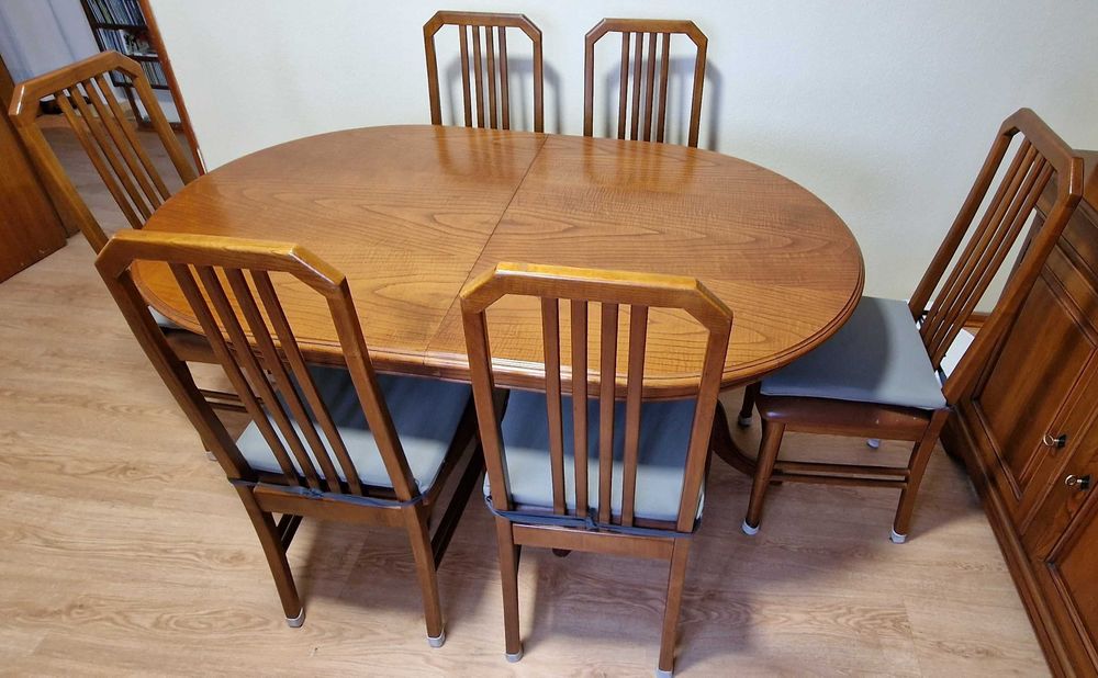 Mesa de Jantar Extensível em Madeira + 6 Cadeiras (conjunto completo)